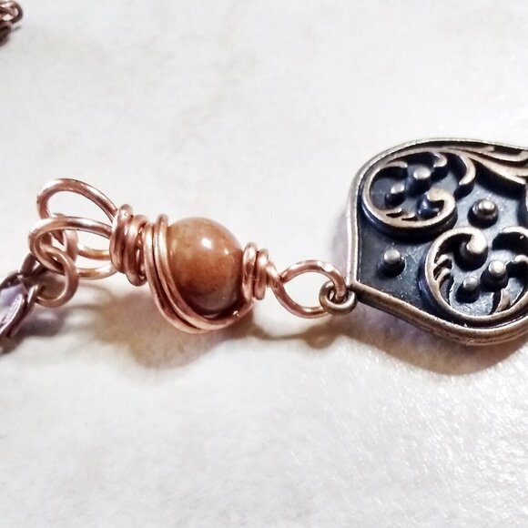 Unique Unakite Jasper Bear "Y" + Copper Necklace! 4 Wire Wrapped Beaded Sections - Picture 9 of 14
